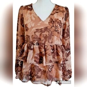 GILLI BLOUSE RUFFLE HEM SZ SM BROWN PINK